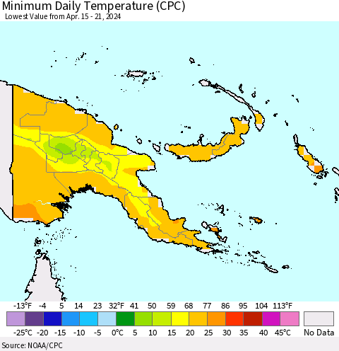 Papua New Guinea Minimum Daily Temperature (CPC) Thematic Map For 4/15/2024 - 4/21/2024