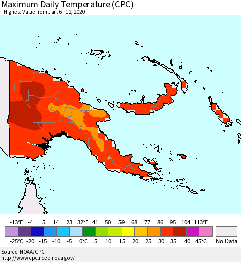 Papua New Guinea Maximum Daily Temperature (CPC) Thematic Map For 1/6/2020 - 1/12/2020