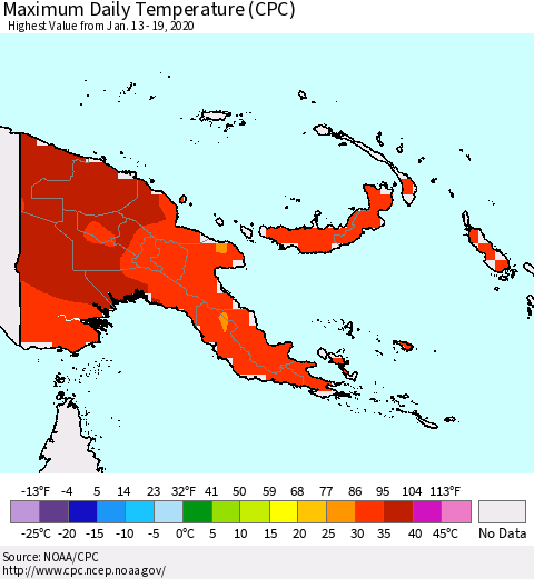 Papua New Guinea Maximum Daily Temperature (CPC) Thematic Map For 1/13/2020 - 1/19/2020