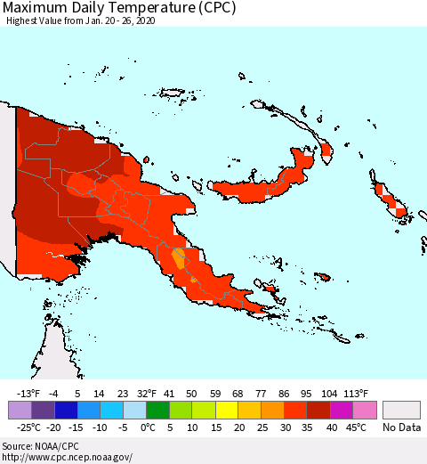 Papua New Guinea Maximum Daily Temperature (CPC) Thematic Map For 1/20/2020 - 1/26/2020