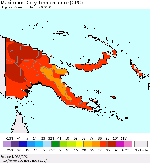 Papua New Guinea Maximum Daily Temperature (CPC) Thematic Map For 2/3/2020 - 2/9/2020