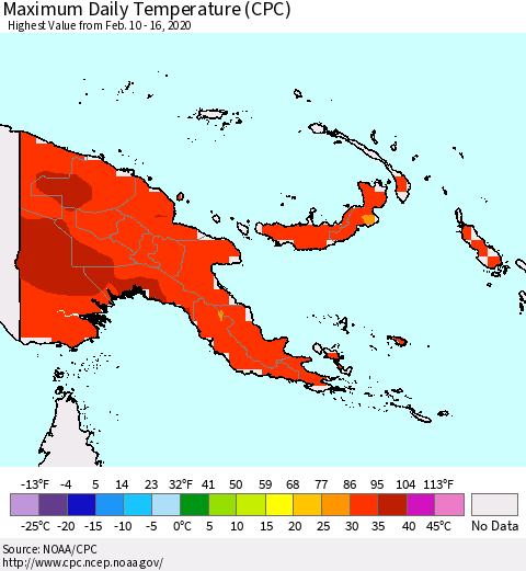 Papua New Guinea Maximum Daily Temperature (CPC) Thematic Map For 2/10/2020 - 2/16/2020