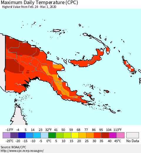Papua New Guinea Maximum Daily Temperature (CPC) Thematic Map For 2/24/2020 - 3/1/2020