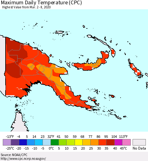 Papua New Guinea Maximum Daily Temperature (CPC) Thematic Map For 3/2/2020 - 3/8/2020