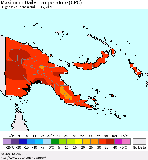 Papua New Guinea Maximum Daily Temperature (CPC) Thematic Map For 3/9/2020 - 3/15/2020