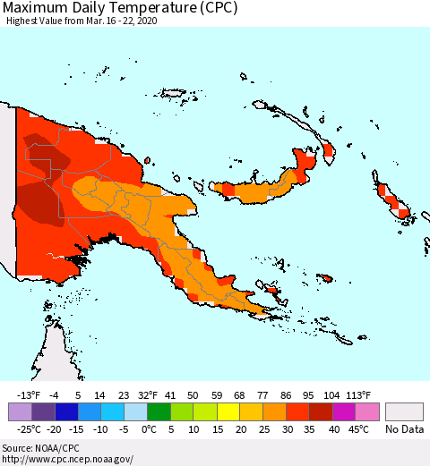 Papua New Guinea Maximum Daily Temperature (CPC) Thematic Map For 3/16/2020 - 3/22/2020