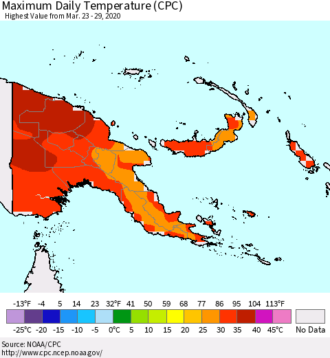 Papua New Guinea Maximum Daily Temperature (CPC) Thematic Map For 3/23/2020 - 3/29/2020