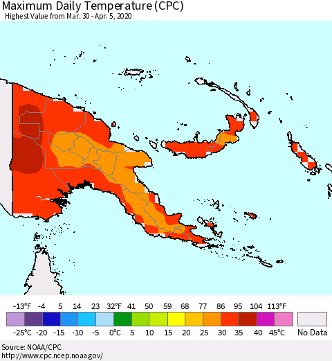 Papua New Guinea Maximum Daily Temperature (CPC) Thematic Map For 3/30/2020 - 4/5/2020