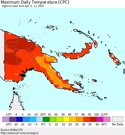 Papua New Guinea Maximum Daily Temperature (CPC) Thematic Map For 4/6/2020 - 4/12/2020