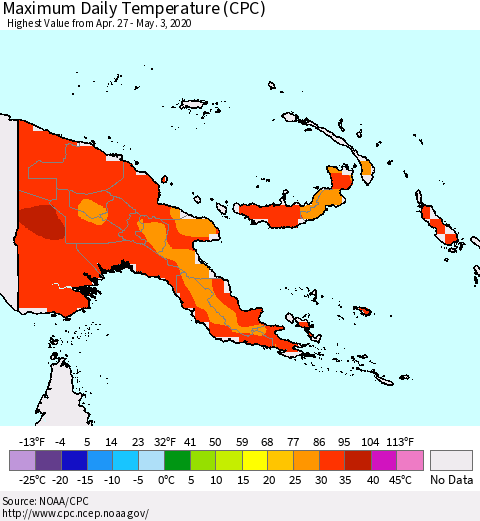 Papua New Guinea Maximum Daily Temperature (CPC) Thematic Map For 4/27/2020 - 5/3/2020
