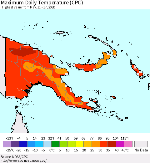 Papua New Guinea Maximum Daily Temperature (CPC) Thematic Map For 5/11/2020 - 5/17/2020