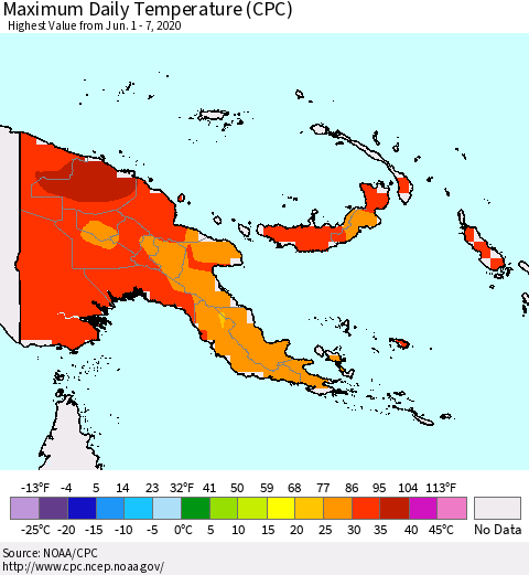 Papua New Guinea Maximum Daily Temperature (CPC) Thematic Map For 6/1/2020 - 6/7/2020