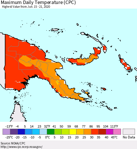 Papua New Guinea Maximum Daily Temperature (CPC) Thematic Map For 6/15/2020 - 6/21/2020