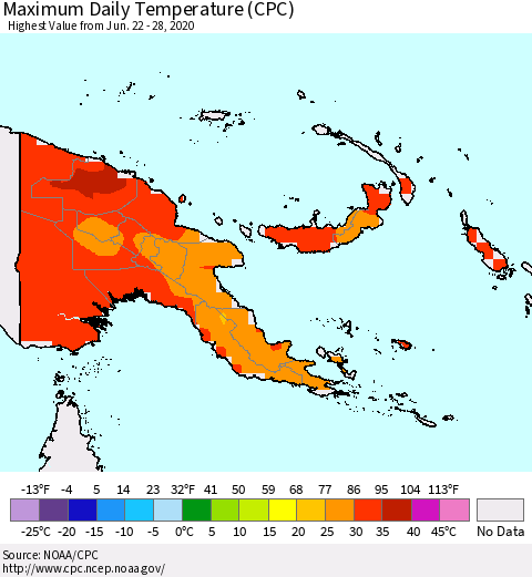 Papua New Guinea Maximum Daily Temperature (CPC) Thematic Map For 6/22/2020 - 6/28/2020