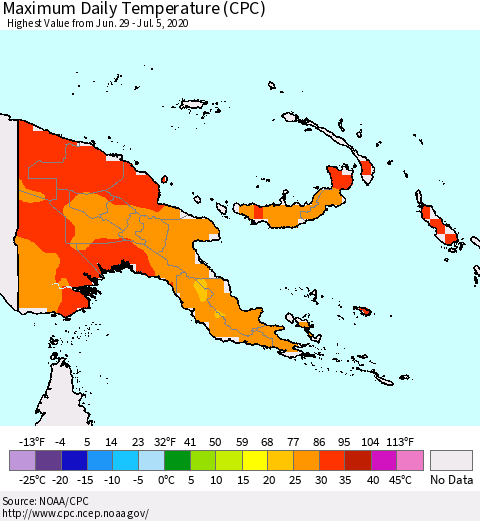 Papua New Guinea Maximum Daily Temperature (CPC) Thematic Map For 6/29/2020 - 7/5/2020