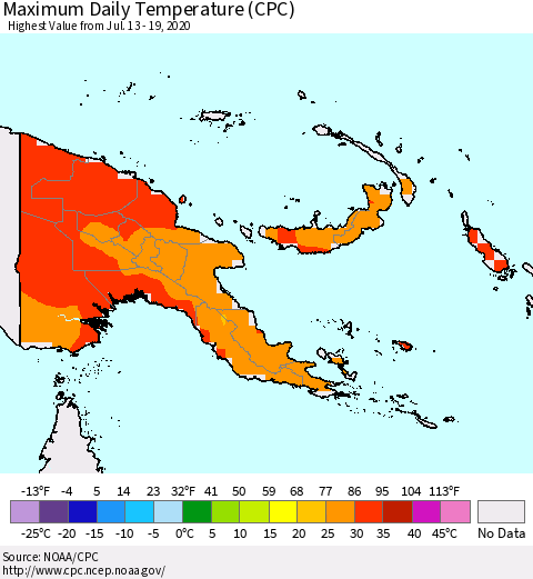 Papua New Guinea Maximum Daily Temperature (CPC) Thematic Map For 7/13/2020 - 7/19/2020