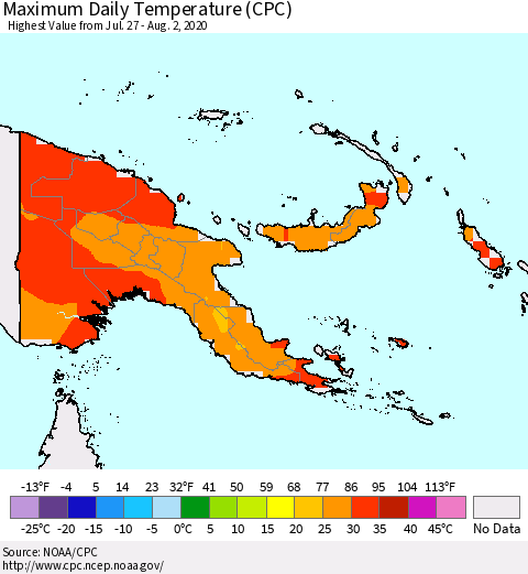 Papua New Guinea Maximum Daily Temperature (CPC) Thematic Map For 7/27/2020 - 8/2/2020