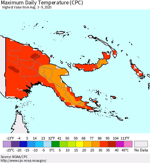 Papua New Guinea Maximum Daily Temperature (CPC) Thematic Map For 8/3/2020 - 8/9/2020