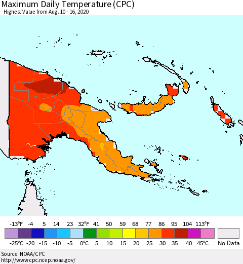 Papua New Guinea Maximum Daily Temperature (CPC) Thematic Map For 8/10/2020 - 8/16/2020