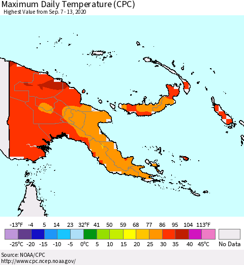 Papua New Guinea Maximum Daily Temperature (CPC) Thematic Map For 9/7/2020 - 9/13/2020