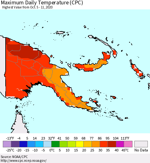 Papua New Guinea Maximum Daily Temperature (CPC) Thematic Map For 10/5/2020 - 10/11/2020