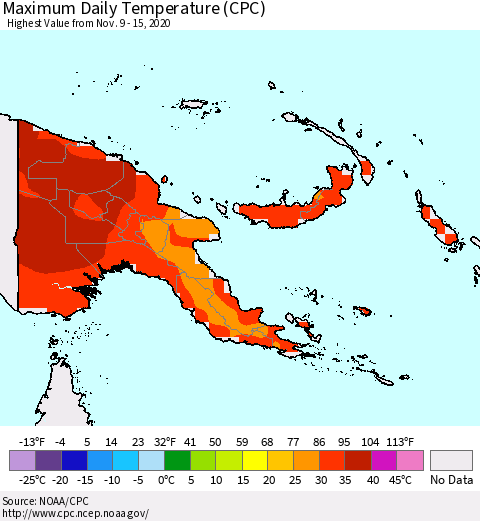 Papua New Guinea Maximum Daily Temperature (CPC) Thematic Map For 11/9/2020 - 11/15/2020