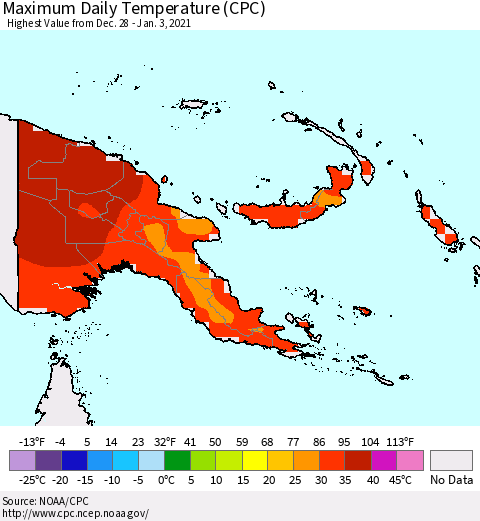 Papua New Guinea Maximum Daily Temperature (CPC) Thematic Map For 12/28/2020 - 1/3/2021