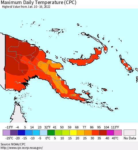 Papua New Guinea Maximum Daily Temperature (CPC) Thematic Map For 1/10/2022 - 1/16/2022