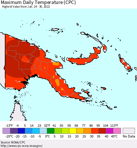 Papua New Guinea Maximum Daily Temperature (CPC) Thematic Map For 1/24/2022 - 1/30/2022