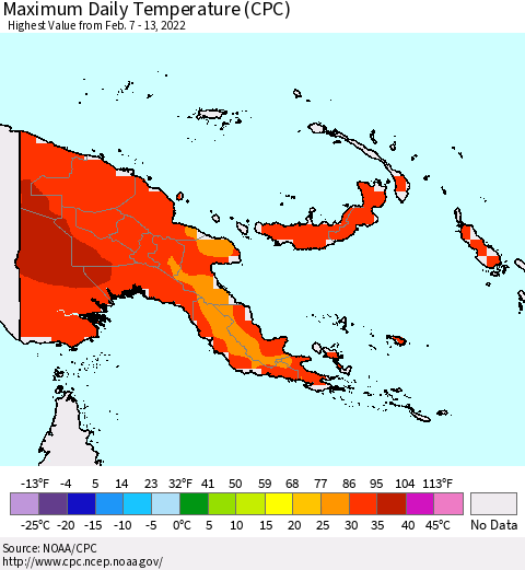 Papua New Guinea Maximum Daily Temperature (CPC) Thematic Map For 2/7/2022 - 2/13/2022