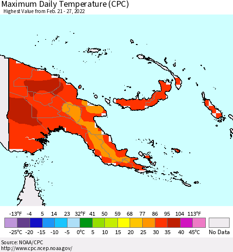 Papua New Guinea Maximum Daily Temperature (CPC) Thematic Map For 2/21/2022 - 2/27/2022