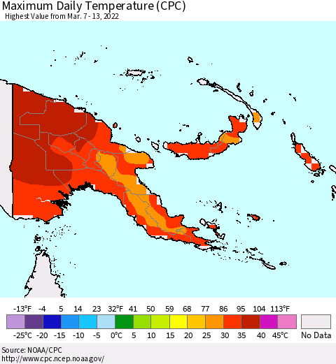 Papua New Guinea Maximum Daily Temperature (CPC) Thematic Map For 3/7/2022 - 3/13/2022