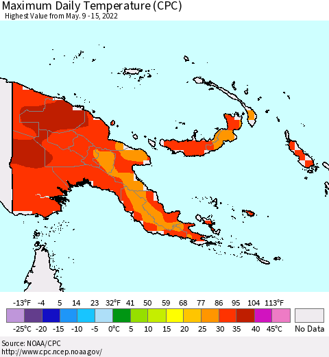 Papua New Guinea Maximum Daily Temperature (CPC) Thematic Map For 5/9/2022 - 5/15/2022
