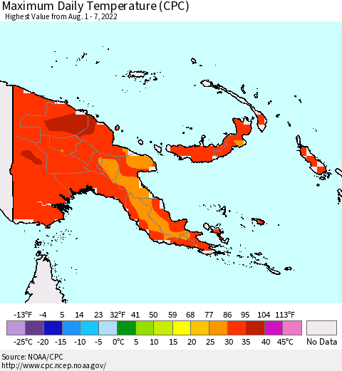 Papua New Guinea Maximum Daily Temperature (CPC) Thematic Map For 8/1/2022 - 8/7/2022