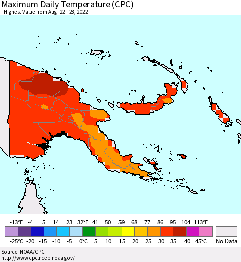 Papua New Guinea Maximum Daily Temperature (CPC) Thematic Map For 8/22/2022 - 8/28/2022