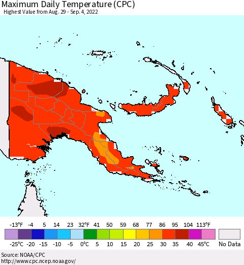 Papua New Guinea Maximum Daily Temperature (CPC) Thematic Map For 8/29/2022 - 9/4/2022