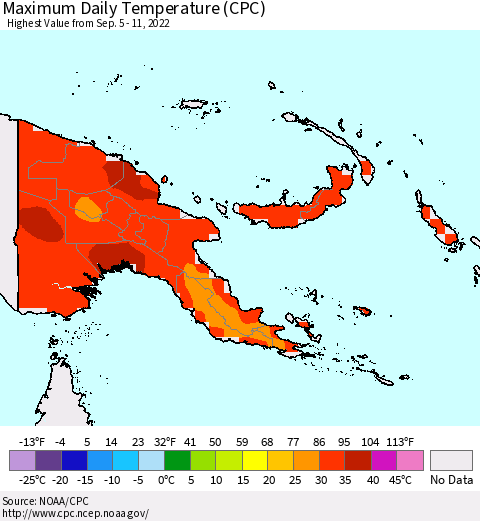 Papua New Guinea Maximum Daily Temperature (CPC) Thematic Map For 9/5/2022 - 9/11/2022