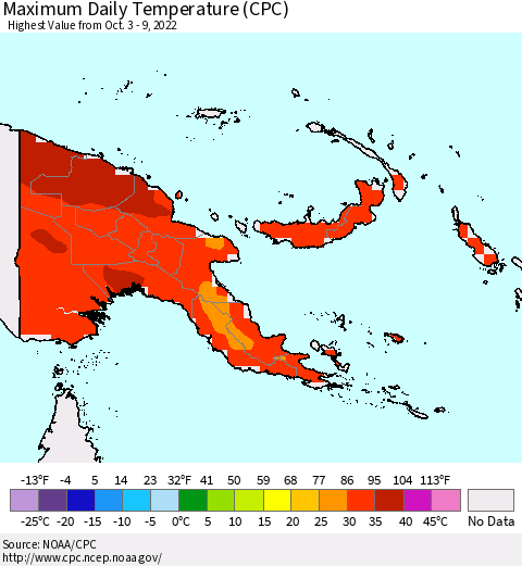 Papua New Guinea Maximum Daily Temperature (CPC) Thematic Map For 10/3/2022 - 10/9/2022