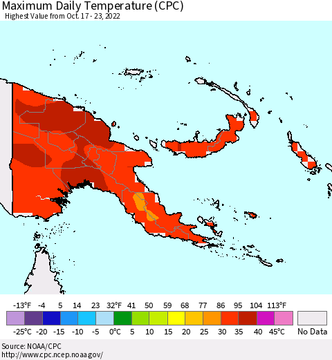 Papua New Guinea Maximum Daily Temperature (CPC) Thematic Map For 10/17/2022 - 10/23/2022