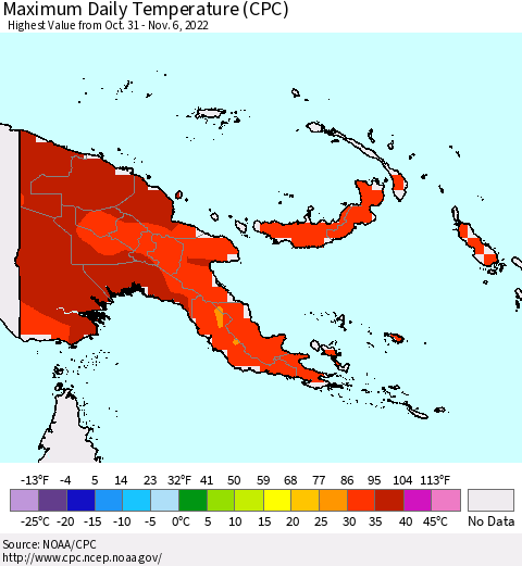 Papua New Guinea Maximum Daily Temperature (CPC) Thematic Map For 10/31/2022 - 11/6/2022