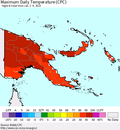 Papua New Guinea Maximum Daily Temperature (CPC) Thematic Map For 1/2/2023 - 1/8/2023