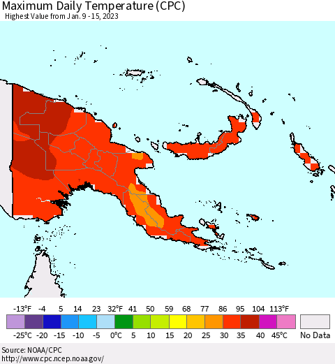 Papua New Guinea Maximum Daily Temperature (CPC) Thematic Map For 1/9/2023 - 1/15/2023