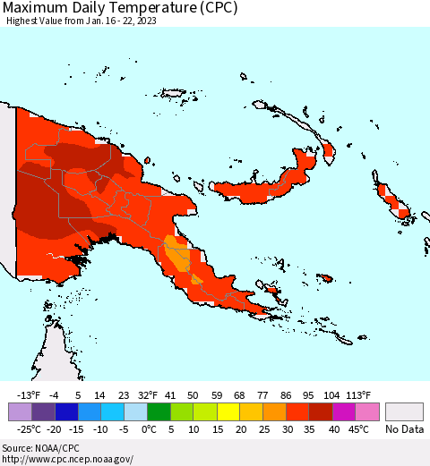 Papua New Guinea Maximum Daily Temperature (CPC) Thematic Map For 1/16/2023 - 1/22/2023