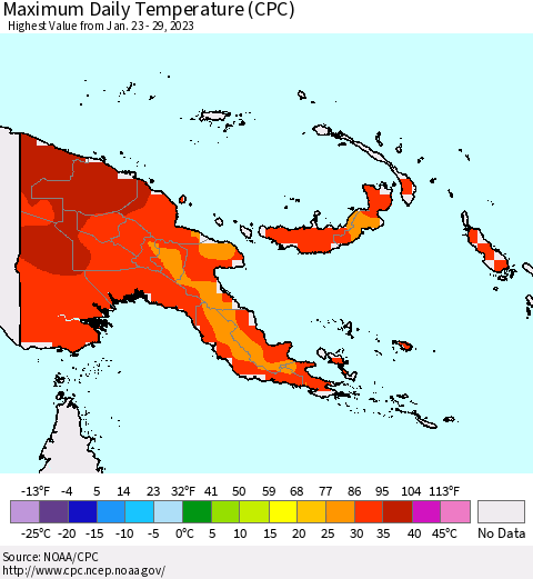 Papua New Guinea Maximum Daily Temperature (CPC) Thematic Map For 1/23/2023 - 1/29/2023
