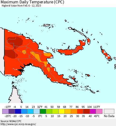 Papua New Guinea Maximum Daily Temperature (CPC) Thematic Map For 2/6/2023 - 2/12/2023