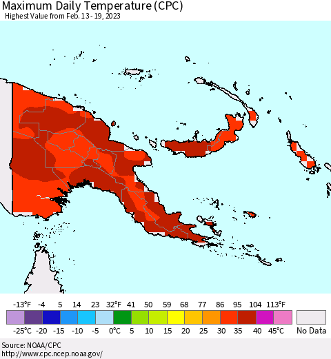 Papua New Guinea Maximum Daily Temperature (CPC) Thematic Map For 2/13/2023 - 2/19/2023