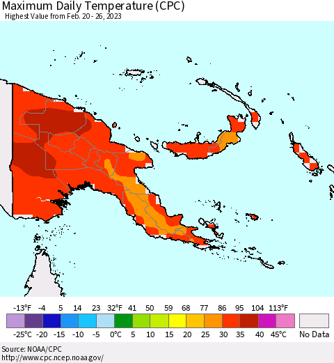 Papua New Guinea Maximum Daily Temperature (CPC) Thematic Map For 2/20/2023 - 2/26/2023