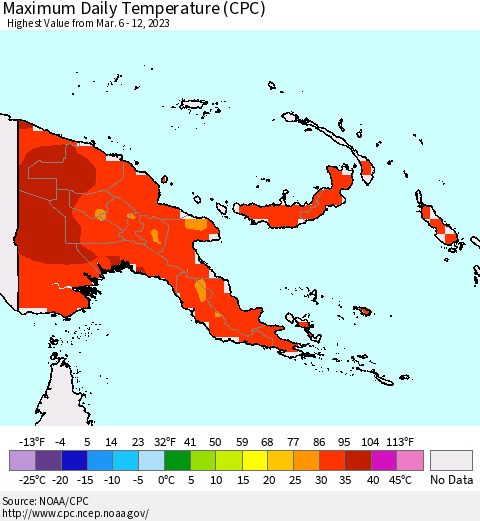 Papua New Guinea Maximum Daily Temperature (CPC) Thematic Map For 3/6/2023 - 3/12/2023