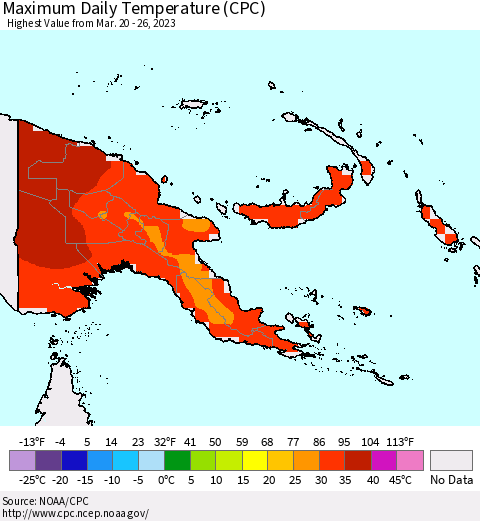 Papua New Guinea Maximum Daily Temperature (CPC) Thematic Map For 3/20/2023 - 3/26/2023