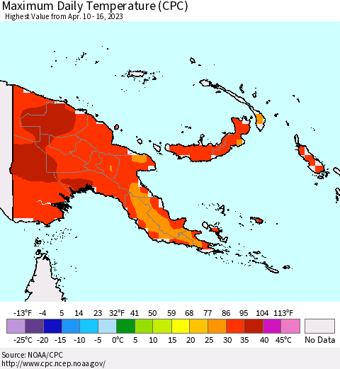 Papua New Guinea Maximum Daily Temperature (CPC) Thematic Map For 4/10/2023 - 4/16/2023